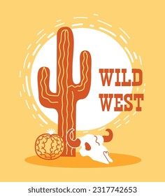 American desert landscape with Cactus and bull skull. Arizona desert with sun and cactus silhouette. 
Vintage Westen symbol poster background.