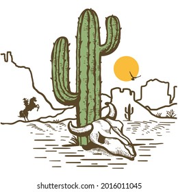 American desert landscape with cowboy on horse silhouette, Cactuses and bull skull. Arizona desert with yellow sun and cactuses silhouette. Vintage Westerrn symbol hand drawn color illustration