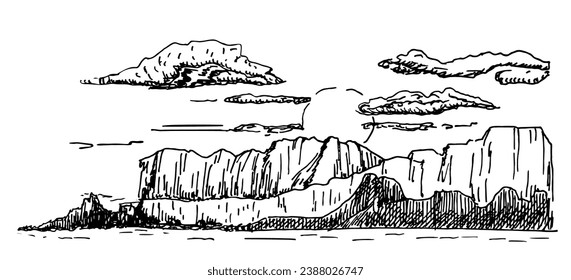 Paisaje desértico americano. Esbozo estilo grabado en el desierto. Sudamérica. Valle del Monumento. Arizona. Paisaje de las praderas. Vector. 