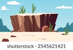 American Desert Landscape with Rocky Cliff Mountain and Cactus in Bright Sky