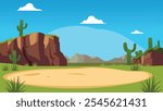 American Desert Landscape with Rocky Cliff Mountain and Cactus in Bright Sky