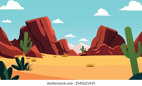 American Desert Landscape with Rocky Cliff Mountain and Cactus in Bright Sky