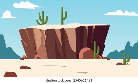 American Desert Landscape with Rocky Cliff Mountain and Cactus in Bright Sky