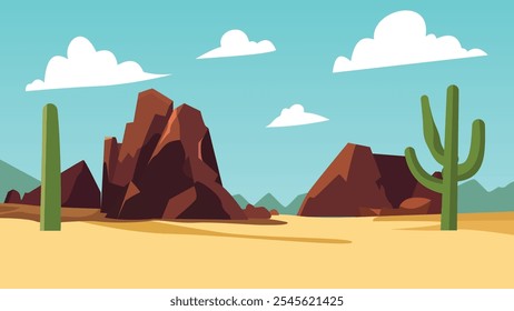 American Desert Landscape with Rocky Cliff Mountain and Cactus in Bright Sky