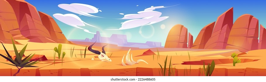 American desert landscape with sand, cactuses, mountains and bull skull and bones. Arizona or Mexico desert panorama with rocks, plants and buffalo skeleton, vector cartoon illustration