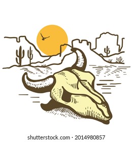 American desert landscape silhouette with cow skull on yellow sun. Vintage American Westerrn symbol hand drawn illustration landscape Arizona or Mexico hot sand isolated.