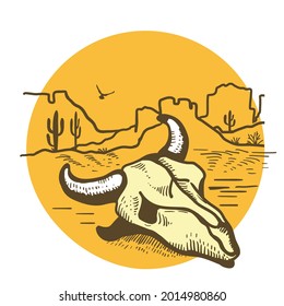 American desert landscape silhouette with cow skull on yellow sun. Vintage American Westerrn symbol hand drawn illustration landscape Arizona or Mexico hot sand isolated.