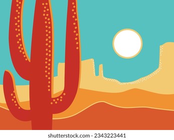 Paisaje desértico americano. Ilustración del paisaje del desierto vectorial con cactus y cielo. Afiche de diseño de montaña de Arizona