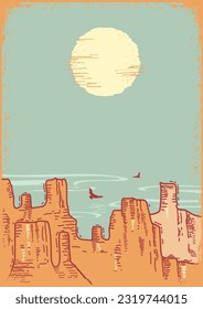 American desert landscape. Vector wild west canyon background on vintage old poster for text or design. Canyon sky horizont with sun