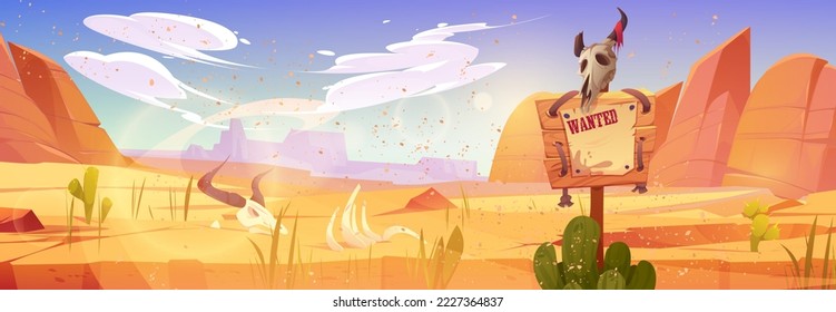 Paisaje desértico americano con afiche buscado y cráneo de toro en el poste. Panorama del desierto del oeste salvaje con arena, cactús, montañas, huesos de buey y signo de madera, ilustración de caricatura vectorial