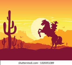 American desert nature background. Vector Texas prairie landscape with cowboy on horse and sun