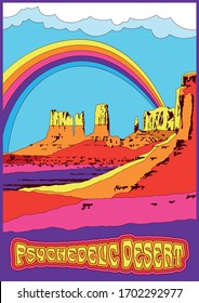 American Desert Psychedelic Art Hippie Poster Style, Rainbow, Mountains, Clouds, Bright Colors