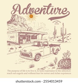 American Desert Tour, Vintage wild west Road Tripe, women's , men's, girls boys, knit jersey screen summer winter print artwork, sweatshirt design, desert mountain with car, and cactus tree in vintage