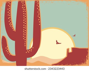 American desert vintage poster background. Vector desert landscape illustration on old paper texture with cactus and sun. Arizona poster mountain design for text