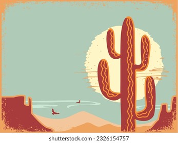 American desert vintage poster on old paper texture. Vector desert landscape illustration with cactus and yellow sun. Arizona desert mountain background