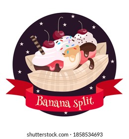 American dessert banana split. Colorful cartoon style illustration for cafe, bakery, restaurant menu or logo and label. Ice cream sundae on usa flag colors background.