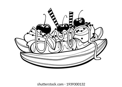 American dessert banana split. Doodle style vector illustration for cafe, bakery, restaurant menu or logo and label. Ice cream sundae.