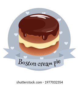 American dessert Boston cream pie. Colorful cartoon style illustration for cafe, bakery, restaurant menu or logo and label. Traditional biscuit cake with custard and chocolate topping.