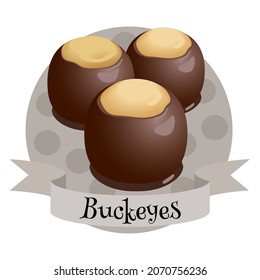 American dessert Buckeyes. Colorful illustration for cafe, bakery, restaurant menu or logo, label and food packaging. Peanut butter candies dipped in chocolate.