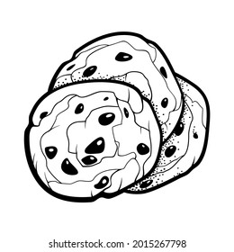 American dessert chocolate chip cookies. Outline doodle style illustration for cafe, bakery, restaurant menu or logo and label. Traditional cookies with chocolate drops.