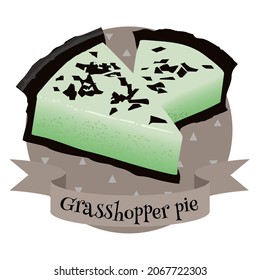 American Dessert Grasshopper Pie. Colorful Cartoon Style Illustration For Cafe, Bakery, Restaurant Menu, Logo, Label Or Food Packaging. Traditional Cheesecake With Marshmallow Mousse.