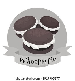 American dessert whoopie pie. Colorful cartoon style illustration for cafe, bakery, restaurant menu or logo and label. Traditional chocolate cake with cream topping.