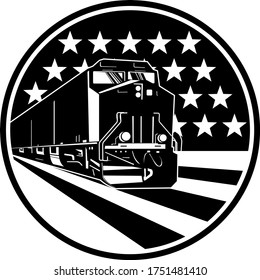 American Diesel Locomotive Train Front View With USA Stars and Stripes Flag Retro