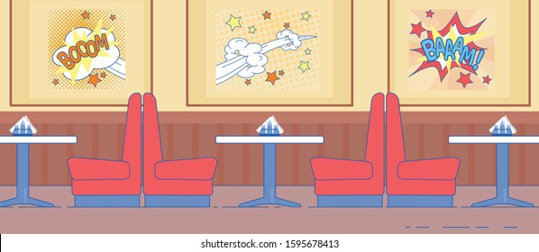 American Diner Interior in 1950s Design with Red Couch Furniture Vector Illustration. Retro Comics Art Decoration on Wall. Fast Food Cafe, Empty Dining Room, Bistro Cafeteria Business