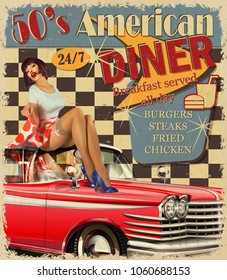 American Diner vintage poster with retro car and pin-up girl.