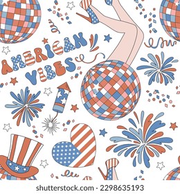 Amerikanischer Diskoball, feine Mädchenbeine, festlicher Hut, Feuerwerk, Herz, Konfetti Vektor nahtloses Muster. Patriotische USA Unabhängigkeitstag Hintergrund. 4. Juli Oberflächen-Design für Verpackungen, Schrott-Buch