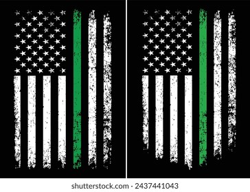 American Distressed Flag With Thin Green Line Vector Template. It is a symbol of supporting for federal law enforcement agents (border patrol, park rangers and conservation personnel)