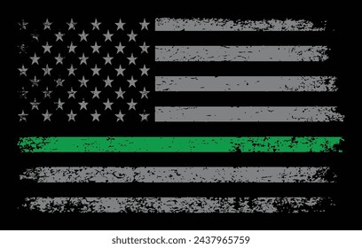 American Distressed Flag With Thin Green Line Vector Template. It is a symbol of supporting for federal law enforcement agents