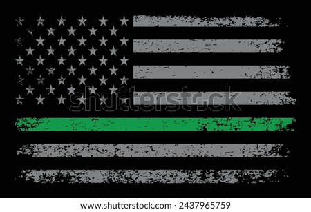 American Distressed Flag With Thin Green Line Vector Template. It is a symbol of supporting for federal law enforcement agents