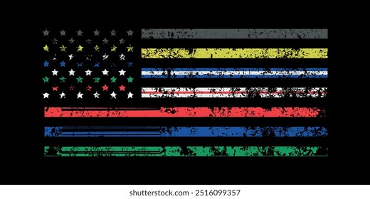 American angustiado vetor bandeira grunge efeito de renderização rápida sobre fundo preto, polícia, bombeiro, ems, enfermeira, médico 