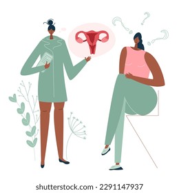 The american doctor, gynecologist helps to planning pregnancy.  The african female wants to has baby and become mom. Illustration good for medical clinic poster or UI UX design apps.