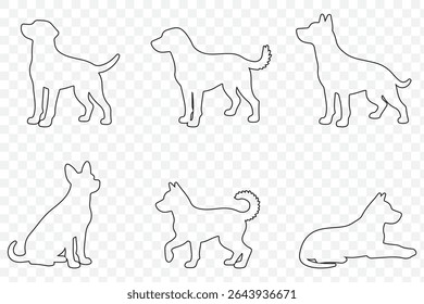 American dog breed, puppy or black pet animal silhouette collection isolated on white background. Standing, running and hunting dog icon or symbol. Happy playful wild dog silhouette art with paw sign.