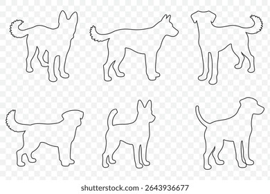 American dog breed, puppy or black pet animal silhouette collection isolated on white background. Standing, running and hunting dog icon or symbol. Happy playful wild dog silhouette art with paw sign.