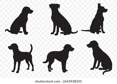 American dog breed, puppy or black pet animal silhouette collection isolated on Transparent background. EPS 10.