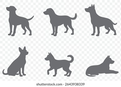 American dog breed, puppy or black pet animal silhouette collection isolated on Transparent background. EPS 10.