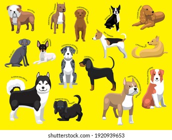 American Dog Breeds with Name Cartoon Character Set