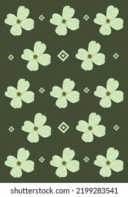 Papel de pared vectorial plano de las flores de madera de perro de Estados Unidos. Cute american dogwood flowers cartografía de papel tapiz vectorial para diseño gráfico, ilustración y elemento decorativo