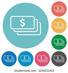 American dollar banknotes outline flat white icons on round color backgrounds
