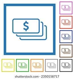 American dollar banknotes outline flat color icons in square frames on white background