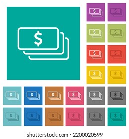 American dollar banknotes outline multi colored flat icons on plain square backgrounds. Included white and darker icon variations for hover or active effects.