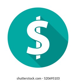 American dollar circle icon with long shadow. Flat design style. Dollar simple silhouette. Modern round icon in stylish colors. Web site page and mobile app design vector element.