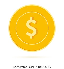 American dollar coin isolated on white background. USD yellow gold coin. USA metal money. Alluring cartoon vector illustration.