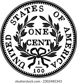 American dollar coin one cent year 1803 vector design silhouette