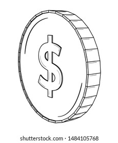 American dollar coin - USD. Black outline illustration on white background. Sketch.