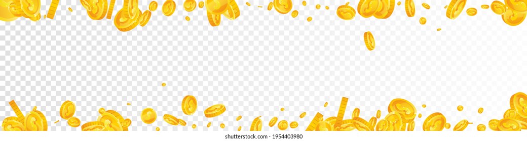 Las monedas en dólares estadounidenses están cayendo. Bonitas monedas de USD dispersas. Dinero estadounidense. Delicioso pozo, riqueza o concepto de éxito. Ilustración vectorial.