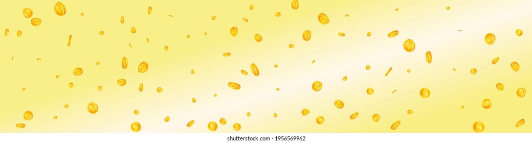 American dollar coins falling. Bold scattered USD coins. USA money. Delightful jackpot, wealth or success concept. Vector illustration.